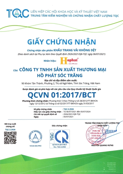 Chứng nhận - Khẩu Trang Y Tế Hồ Phát Sóc Trăng - Công Ty TNHH SX TM Hồ Phát Sóc Trăng